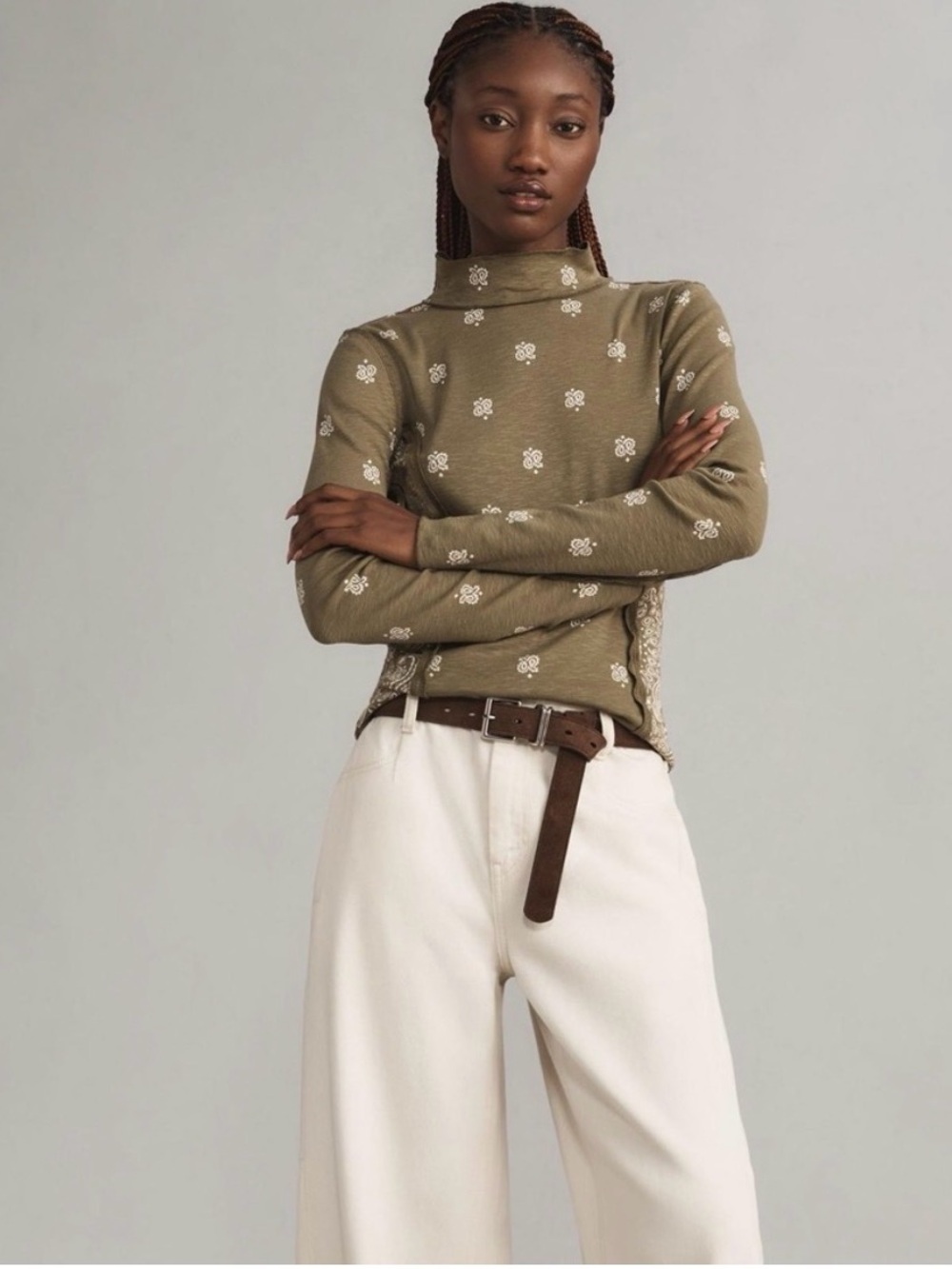 ANTHROPOLOGIE Pilcro Green Bandana Print Turtleneck Cotton-Slub Shirt Top L